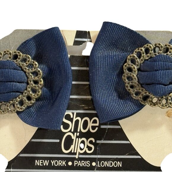 Vintage Shoe Clips Bows 2.25” Navy Blue Ribbon Brass Tone Metal Ring Set Of 2 - Picture 2 of 14
